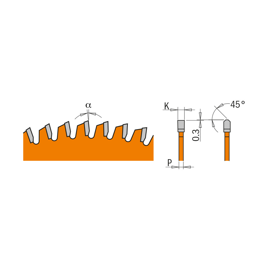 Lames circulaires industrielles pour laminés et agglomérés, angle de coupe negatif