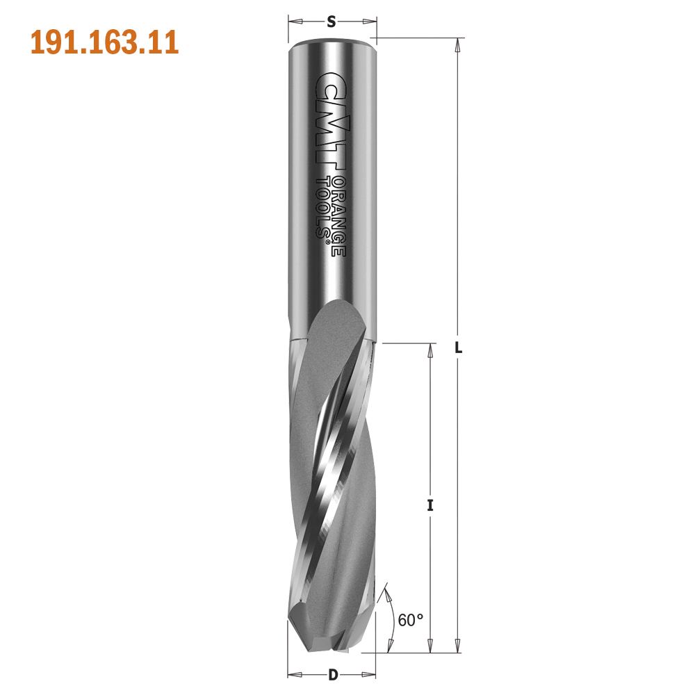 Solid carbide upcut spiral bits for 60° V-point locksets