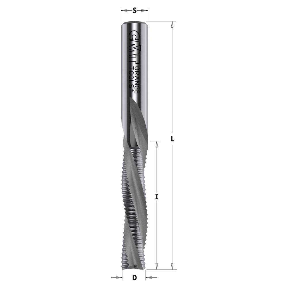 Solid carbide downcut spiral bits with chipbreaker