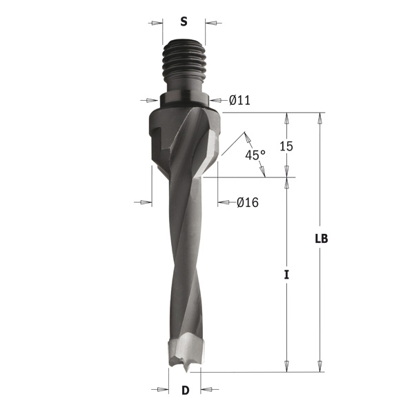 Dowel drills with threaded shank without countersink